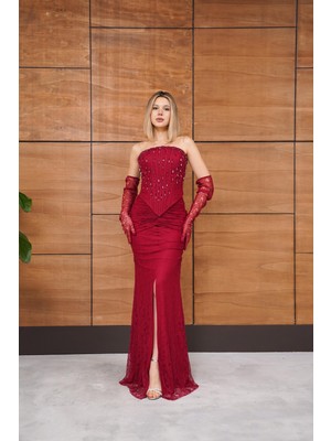 Livanomi Straplez Üstü Boncuk Işlemeli Dantelli Kırmızı Abiye