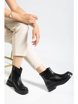 Uslucan Alışveriş 02-3033 Siyah Kırışık Rugan Fermuarlı Günlük Kadın Bot