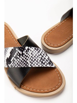 Uslucan Alışveriş 169-076 Siyah Ortopedik Hakiki Deri Çapraz Bantlı Kadın Terlik