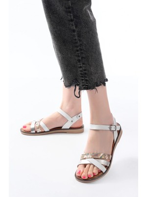 Uslucan Alışveriş 205-015 Beyaz Garni Ortopedik Hakiki Deri Kadın Sandalet