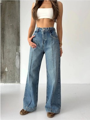 DENİKK Trend Yüksek Bel Geniş Paça Jean Denim Palazzo Pantolon-High Rise Wide Leg Jean