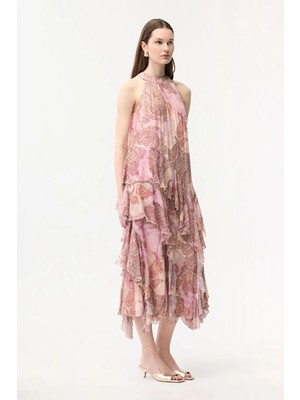 Adl Volanlı Yırtmaç Detaylı Uzun Elbise Pembe 12444903002