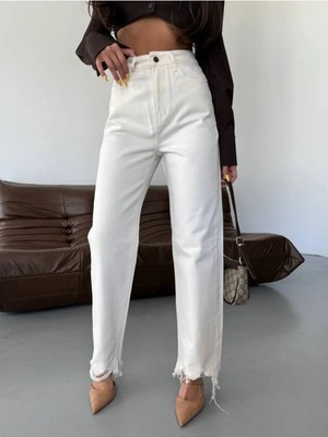 DENİKK Trend Özel Tasarım Wide Leg Denim Rahat Kalıp Paçası Yırtık Püsküllü Jean PANTOLON40226