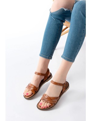 Uslucan Alışveriş 205-037 Taba Hakiki Deri Ortopedik Taban Kadın Sandalet