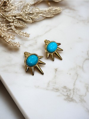 Fayra Accessories Mavi Turkuaz Doğal Taşlı Güneş Figürlü 18 K Altın Kaplama Küpe