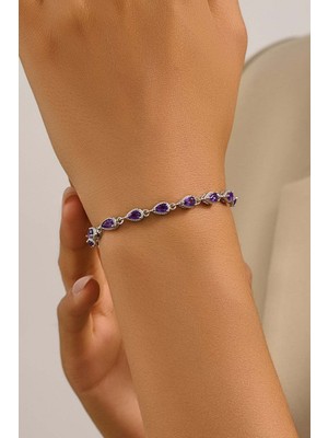 Fayra Accessories Su Damlası Figürlü Ametist Doğal Taşlı Beyaz Altın Kaplama Bileklik