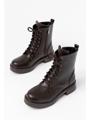 Uslucan Alışveriş 02-356 Kahve Düz Topuklu Bağcıklı Fermuarlı Günlük Kadın Bot