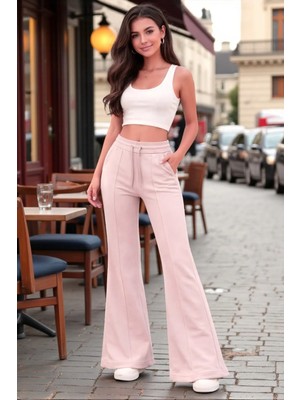 Fancy & Fun Kadın Bol Paça Çımalı 4 Mevsimlik Beli Lastikli Yan Cepli 3 Iplik Kumaş Eşofman Alt