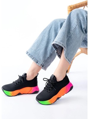 Uslucan Alışveriş RS-400  Siyah Bağcıklı Fileli Renkli Taban Günlük Kadın Spor