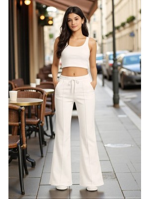 Fancy & Fun Kadın Bol Paça Çımalı 4 Mevsimlik Beli Lastikli Yan Cepli 3 Iplik Kumaş Eşofman Alt