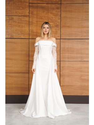 Livanomi Dantelli Uzun Önü Yırtmaçlı Beyaz Abiye