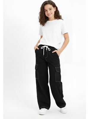 Modanino Kız Çocuk Beli Lastikli ve Kordonlu-Kargo Cepli Jean Pantolon 12-16 Yaş 12524
