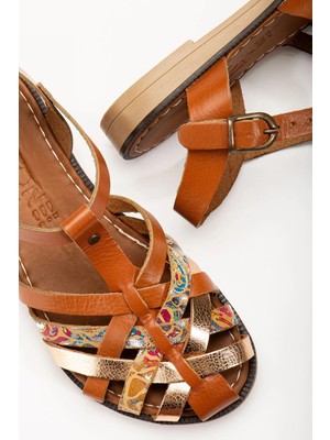 Uslucan Alışveriş 205-02 Taba Garni Ortopedik Hakiki Deri Kadın Sandalet