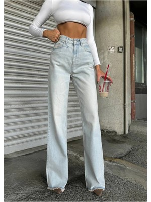 DENİKK Trend Özel Tasarım Wide Leg Denim Rahat Kalıp Paçası Yırtık Püsküllü Jean PANTOLON40226