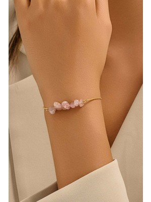 Fayra Accessories Gül Kuvars Taşlı Altın Kaplama Asansör Bileklik