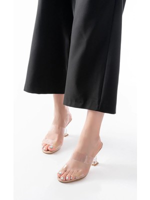 Uslucan Alışveriş S-618 Bej Rugan Çift Bantlı Topuklu Kadın Terlik