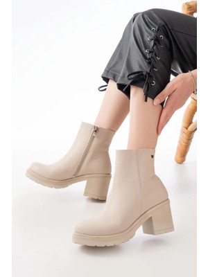 Uslucan Alışveriş 767-3020 Bej Fermuarlı Kalın Topuklu Günlük Kadın Bot