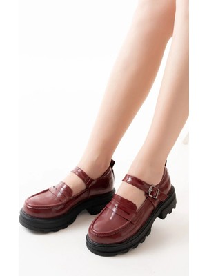 Uslucan Alışveriş 745-771 Bordo Rugan Kadın Günlük Yüksek Tabanlı Loafer Ayakkabı