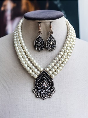Fayra Accessories Zirkon Taşlı Tasarım Inci Kolye ve Küpe Seti