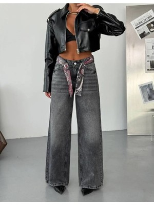 DENİKK Trend Özel Tasarım Aksesuar Kemerli Wide Leg Denim Rahat Kalıp Jean Pantolon 40226