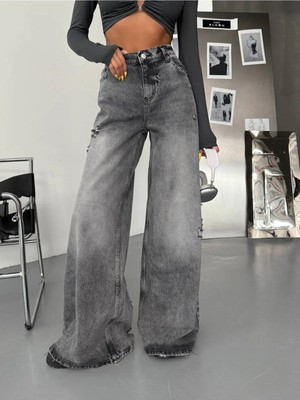DENİKK Rend Yüksek Bel Geniş Paça Bel Ayarlanabilir Jean Denim Baggy Pantolon-High Rise Wide Leg Jean