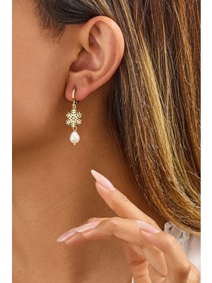 Fayra Accessories Kar Tanesi Figürlü Inci Sallantılı 18 K Altın Kaplama Küpe
