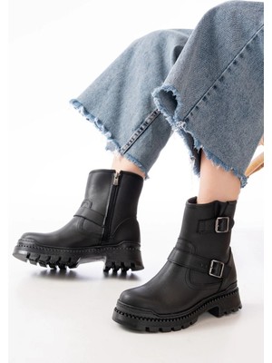 Uslucan Alışveriş 2051-2014 Siyah Tokalı Düz Topuklu Tokalı Fermuarlı Günlük Kadın Bot