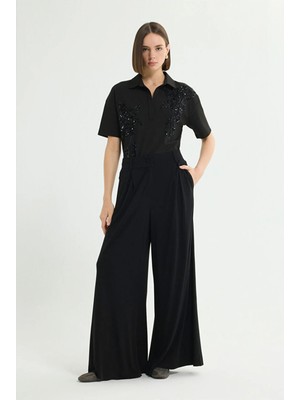 Love My Body Kemer Detaylı Pileli Bol Pantolon Siyah 153L9766000