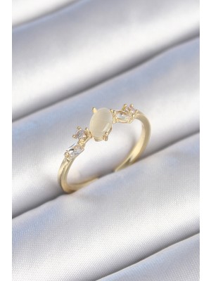 Ett Pirinç Gold Renk Zirkon Taşlı Oval Beyaz Mineli Kadın Yüzük