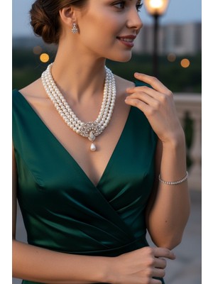 Fayra Accessories Tavuskuşu Motifli Taşlı Inci Kolye
