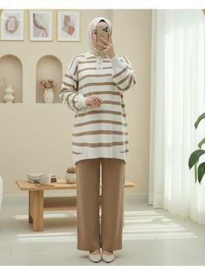 Modamorfo Polo Yaka Düğmeli Çizgili Triko Takım  -Taba