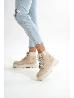 Uslucan Alışveriş LMÇ-2045 Bej Süet Bağcıklı Kalın Taban Kadın Günlük Bot