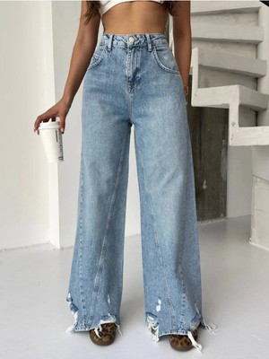 DENİKK Trend Yüksek Bel Geniş Paça Jean Denim Palazzo Pantolon-High Rise Wide Leg Jean