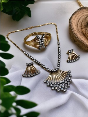 Fayra Accessories Elmas Kaburga Kolye Küpe ve Bileklik Seti