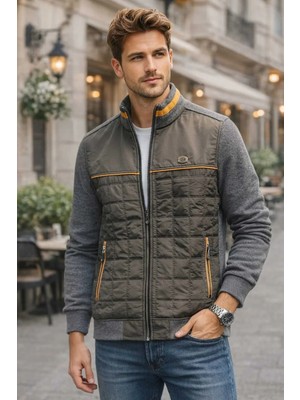 İnce Moda Giyim Erkek Haki Kapitone Detaylı Fermuarlı Spor Ceket