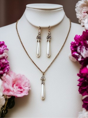 Fayra Accessories Zirkon Taşlı Uzun Su Damlası Inci Kolye ve Küpe Seti