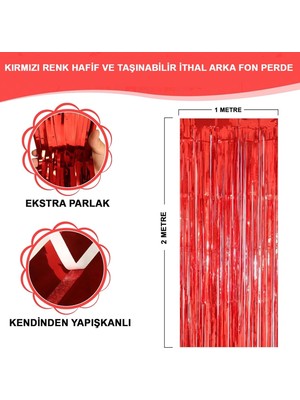 K-Yonlineticaret Kırmızı Renk Ekstra Metalize Parlak Saçaklı Arka Fon Perde Ithal A Kalite 1x2 Metre