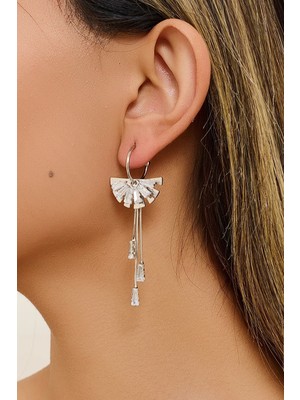 Fayra Accessories Yelpaze Figürlü Zirkon Taşlı 18 K Beyaz Altın Kaplama Küpe