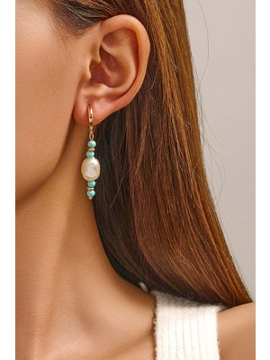 Fayra Accessories Turkuaz Taş ve Incili Altın Kaplama Küpe