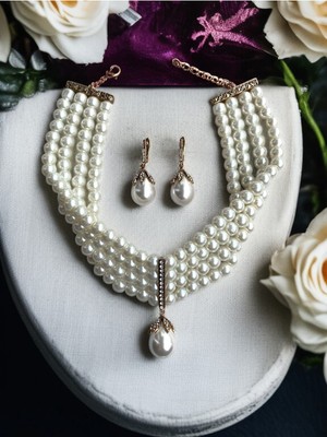 Fayra Accessories Inci Set Takım Zirkon Taşlı Inci Küpe ve Inci Kolye Seti