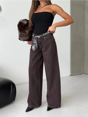 DENİKK Trend Özel Tasarım Aksesuar Kemerli Wide Leg Denim Rahat Kalıp Jean Pantolon 40226