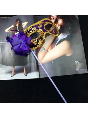 K-Yonlineticaret Lüks Taşlı Saplı Maskeli Balo Maskesi Mor Renk 35 cm