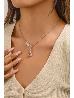 Fayra Accessories Sitrin Doğal Taşlı ve Zirkon Taşlı Beyaz Altın Kaplama Kolye