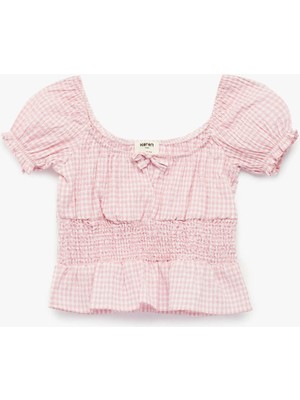 Koton Fiyonklu Pötikare Desenli Pembe Kız Çocuk Bluz 6SKG60103AW