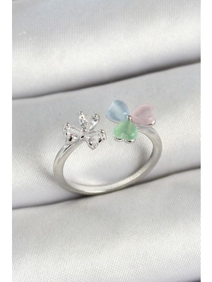 Ett Pirinç Kalp Figürlü Zirkon Taşlı Gümüş Renk Ayarlanabilir Kadın Yüzük