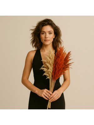 Hidden Botanics Turuncu & Bej 16 Adet 65 cm Büyük Pampas Otu Buketi – Şoklanmış Doğal Dekoratif Çiçek