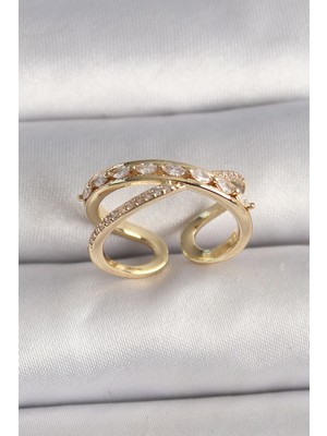 Ett Pirinç Gold Renk Zirkon Taşlı Ayarlanabilir Kadın Yüzük