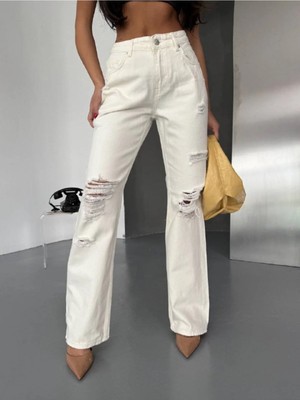 DENİKK Trend Özel Tasarım Wide Leg Denim Rahat Kalıp Paçası Yırtık Püsküllü Jean PANTOLON40226