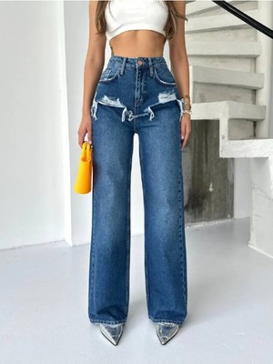 DENİKK Trend Yüksek Bel Geniş Paça Jean Denim Palazzo Pantolon-High Rise Wide Leg Jean