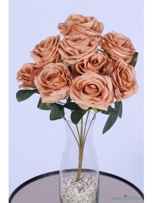 Yapay Çiçek Sitesi Gerçek Görünümlü Katmerli Yapay Gül Demeti Somon 9 Dal